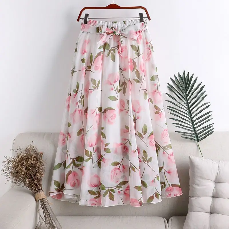 

Women's Retro Pleated Mid Length Skirt Korean Casual Elastic High Waisted Chiffon Skirt Spring and Autumn Printed Skirt P807