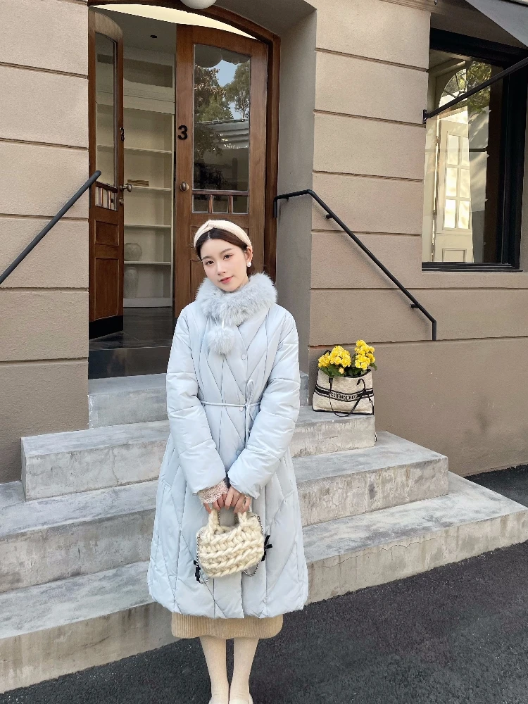 

Пальто MOBAI Iceland Tea Thiened с поясом, V-образным вырезом, меховым воротником, теплое, хлопковое, длинное, для повседневной носки, однотонное