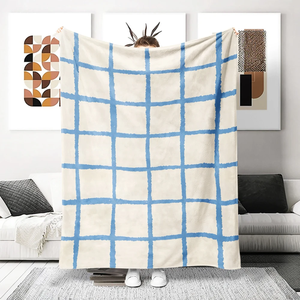 Blue White Grid Lines Lightweight Flannel Blanket Breathable Cozy Throw Blanket for Spring Summer Sofa Bed Air Conditioning