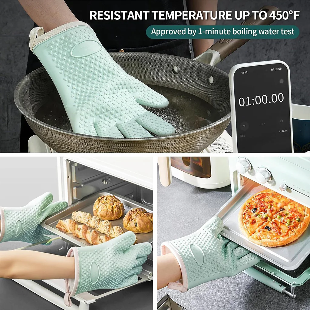 2PCS Oven Mitts, Thicken Silicone Gloves, Heat Resistant Cotton Lining Five Fingers Gloves, Kitchen mitten for Barbecue, Microwa