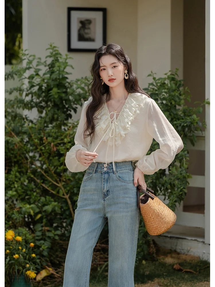 

Ele White V-Ne irt с кружевной отделкой Long Sve Женская весенняя мода Уникальный дизайн French Sle Свободный крой irt