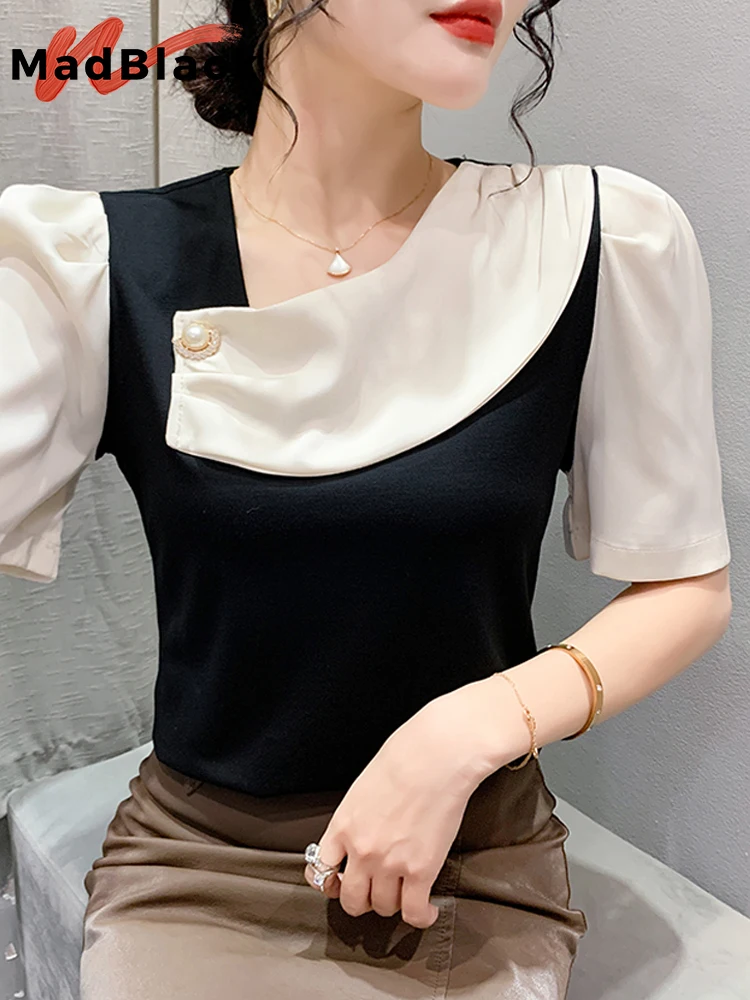 

MadBlack Summer European Clothes T-Shirt Woman Sexy Irregular Color-Block Slim Tops Short Sleeve Pearl Button Tees 2023 T34218C