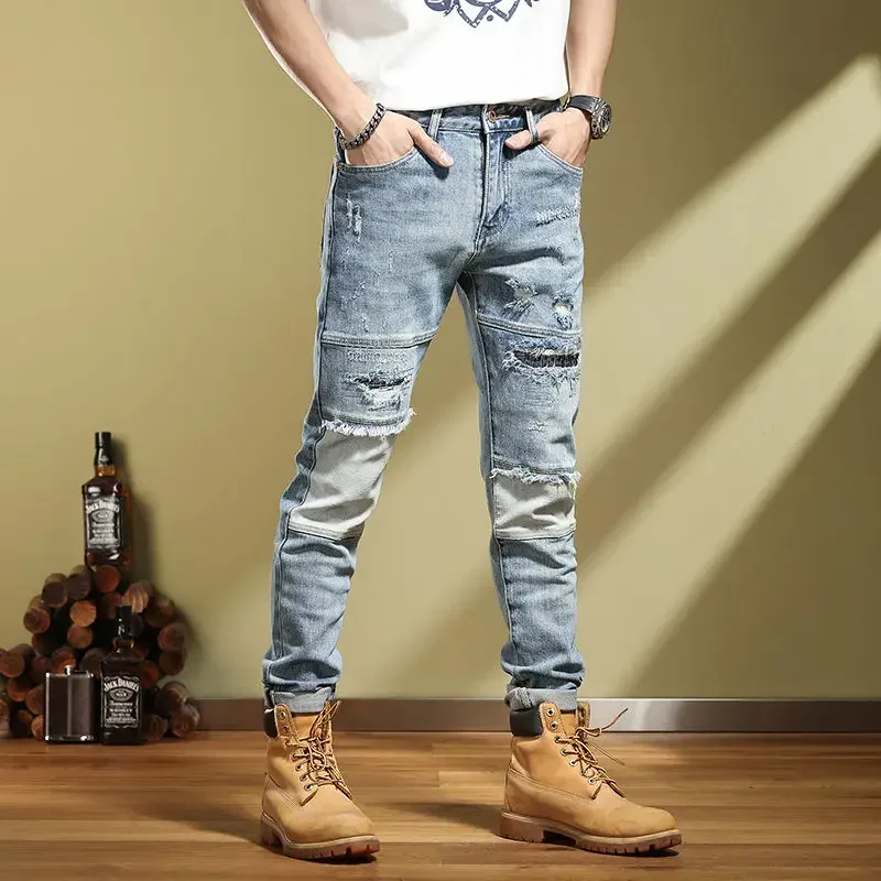 2023 New Spring Vintage Spliced ripped Slim Fit Elastic Youth Little Foot Beggar Jeans for Men ripped jeans  cargo jeans