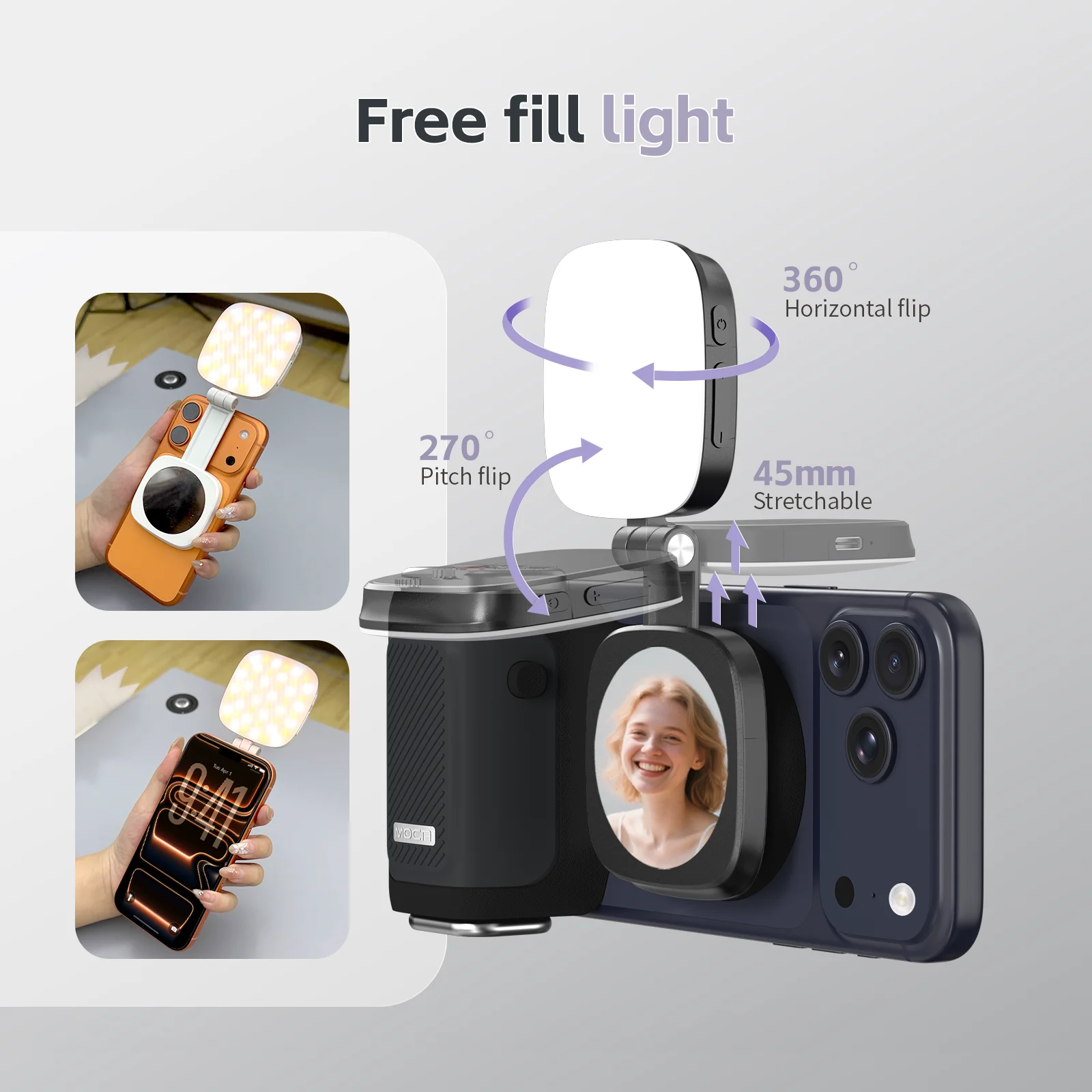 COMITOK MOCA Selfie Booster per iPhone Pro, impugnatura ergonomica, otturatore DSLR/telecomando ricaricabile + specchio opzionale/luce di riempimento