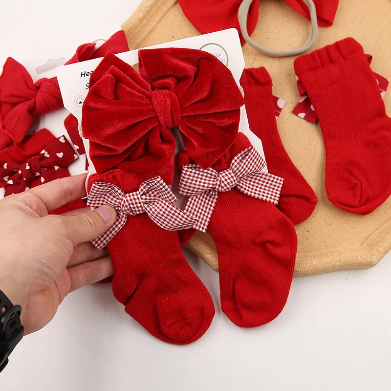 

2Pcs Cute Baby Headbands Socks Red Christmas Hair Bands for Infant Short Sock Korean Dot Plaid Heart Print Bow Headwear