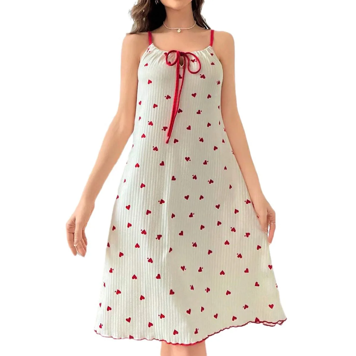 White And Red Heart Print Long Chemise Sleepwear With Adjustable Straps And Front Tie Bow Detail Nightdress
