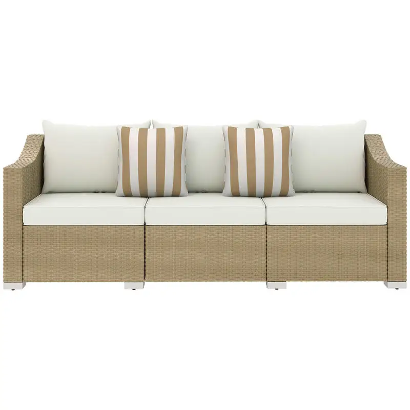 Rattan Wicker 3 Seater Patio Couch with Cushions, 2 Throw Pillows, Outdoor Furniture Rattan Sofa, Cream White