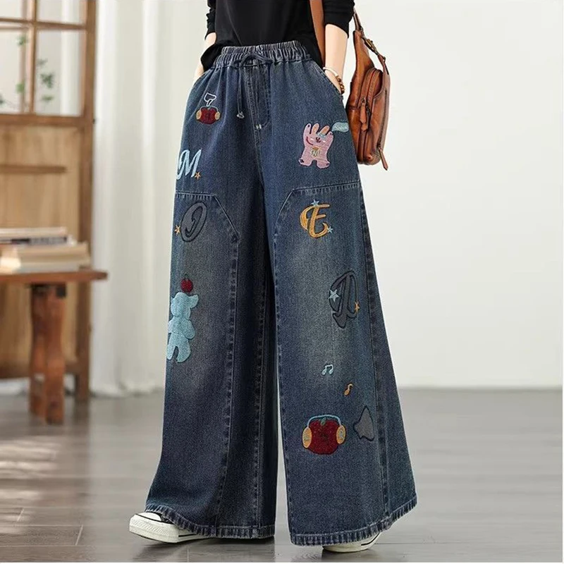 

Винтажные джинсы с вышивкой в стиле индастриал для женщин, весна-осень 2026, новая модная коллекция, повседневные широкие брюки больших размеров