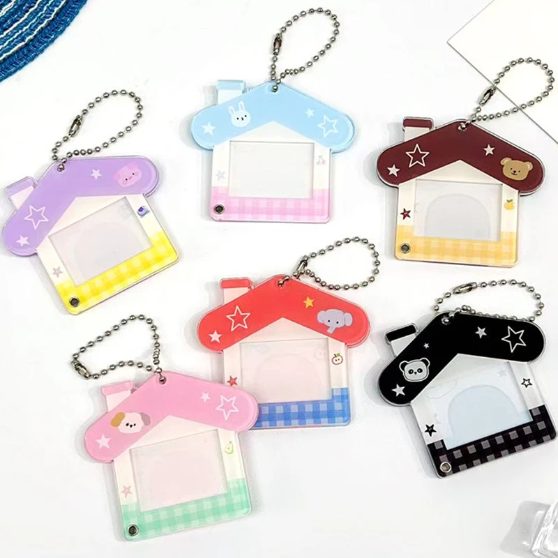 Cute House 1 Inch Photo Card Holder Keychain Angel Wing Acrylic Photocard Frame Pendant Kpop Idol Picture Display Bag Charm Gift