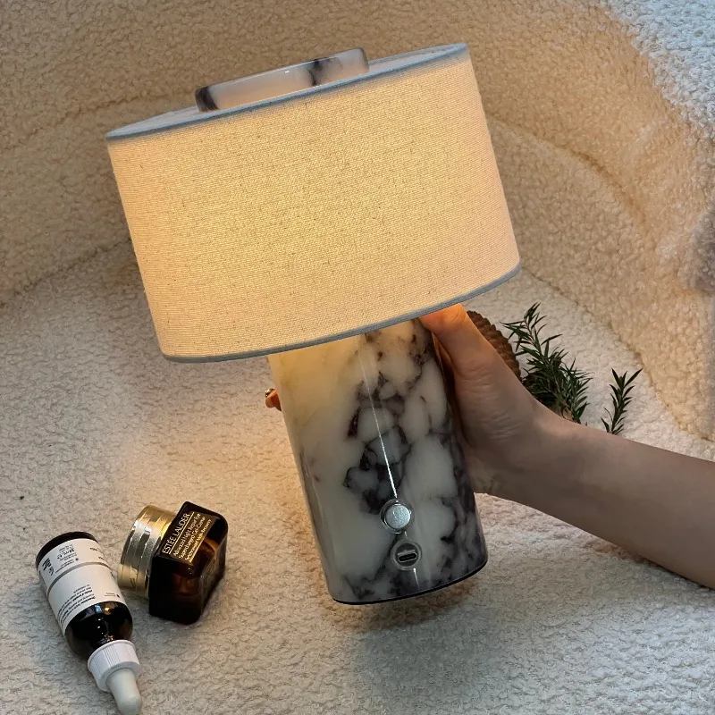 Luxury Bedside Table Lamp, Natural Marble Fabric Shade Desk Lamp, USB Charging Touch Dimmable Light for Home Decor