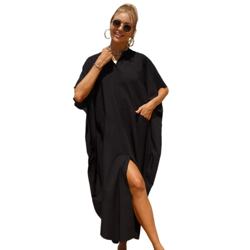 Womens Casual Summer Short Sleeve Side Split Buttons Down Long Kimonos Cardigans Swimsuit Cover Up Beach Dress Gift