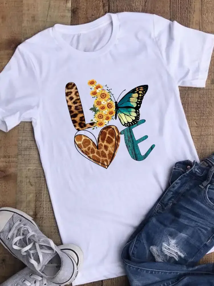 

Short Sleeve Print Fashion T Clothing Ladies Women Leopard Love Heart Butterfly Casual Female T-shirts Clothes Graphic Tee