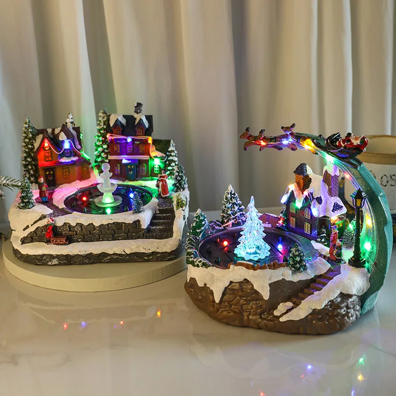 Creative Christmas Glow with Concert Fountain Music Box Rotating Ornament Resin Fountain Christmas Home Decoration Ornament