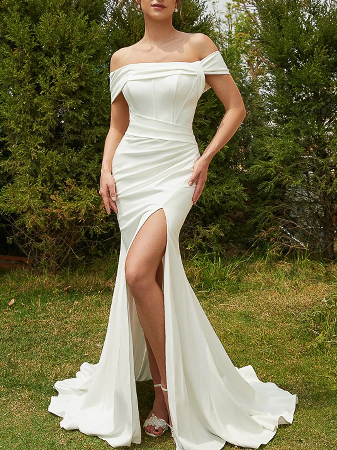 เซ็กซี่Elegant Mermaidชุดราตรีอย่างเป็นทางการปิดไหล่ลูกไม้ผ้ายืดสูงแยกแขนกุดแปรงรถไฟ 2025 ฟรีที่กําหนดเอง