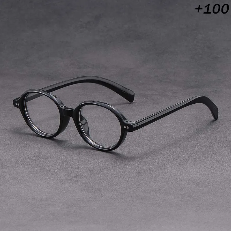 +1,50 Lesebrille für Herren und Damen, Vintage-Stil, runder schwarzer Rahmen, dunkelgraue Gläser, Retro-Stil, leichte Presbyopie-Brille für den Alltag