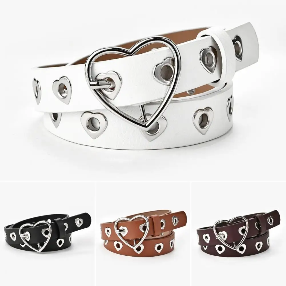 

Women Jeans Belt Heart-Shaped Buckle Hollow Decorative Belt Adjustable Length Multi Holes Design Faux Leather Waistband 여성용 허리띠