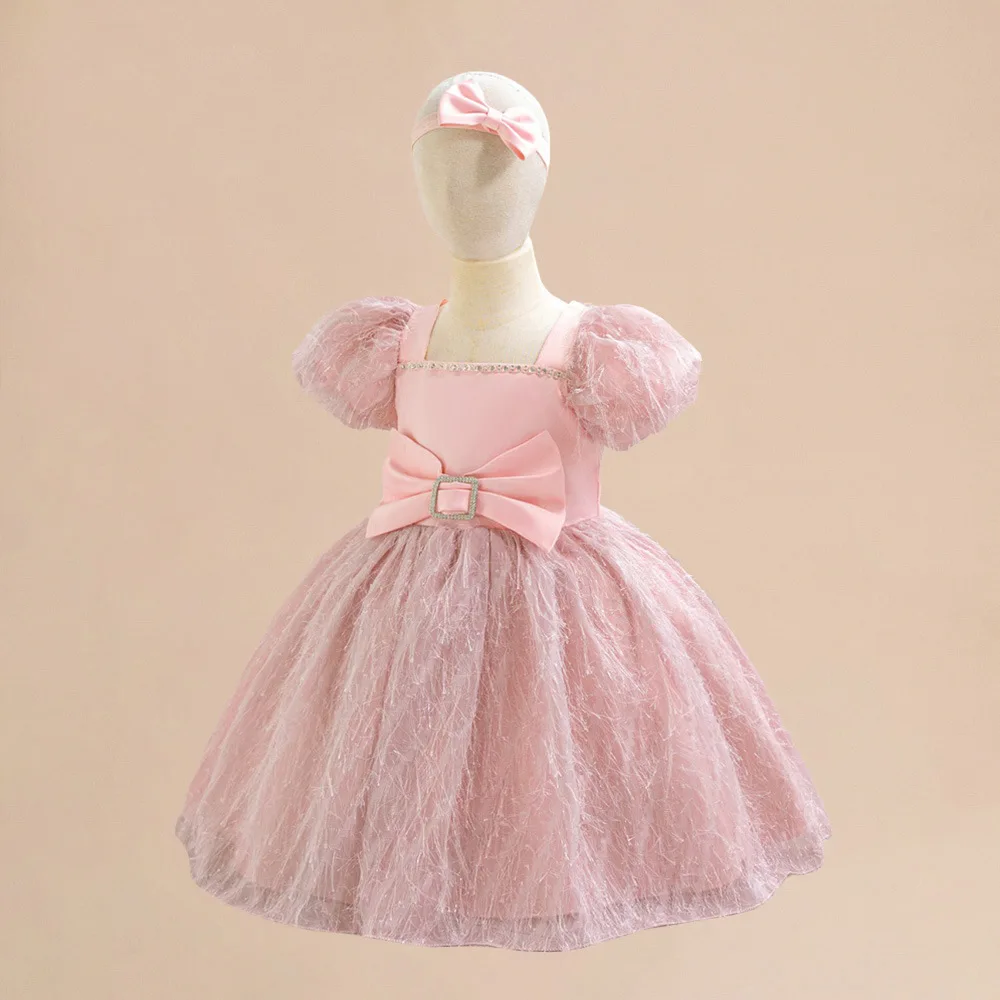 Toddler Baby Lace Floral Bow Princess Girls Dress Infant 1st Birthday Baptism Party Ball Gown Newborn Short Sleeve Kids Costumes