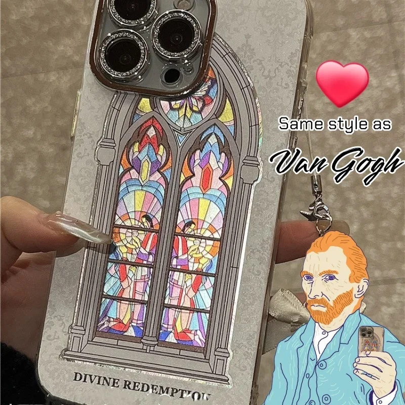 Van Gogh Style Fashion Religious Church Dyed Shiny Diamond Glass Film Silicone Soft Cover IPhone Case 15 14 13 12 11 Pro Max