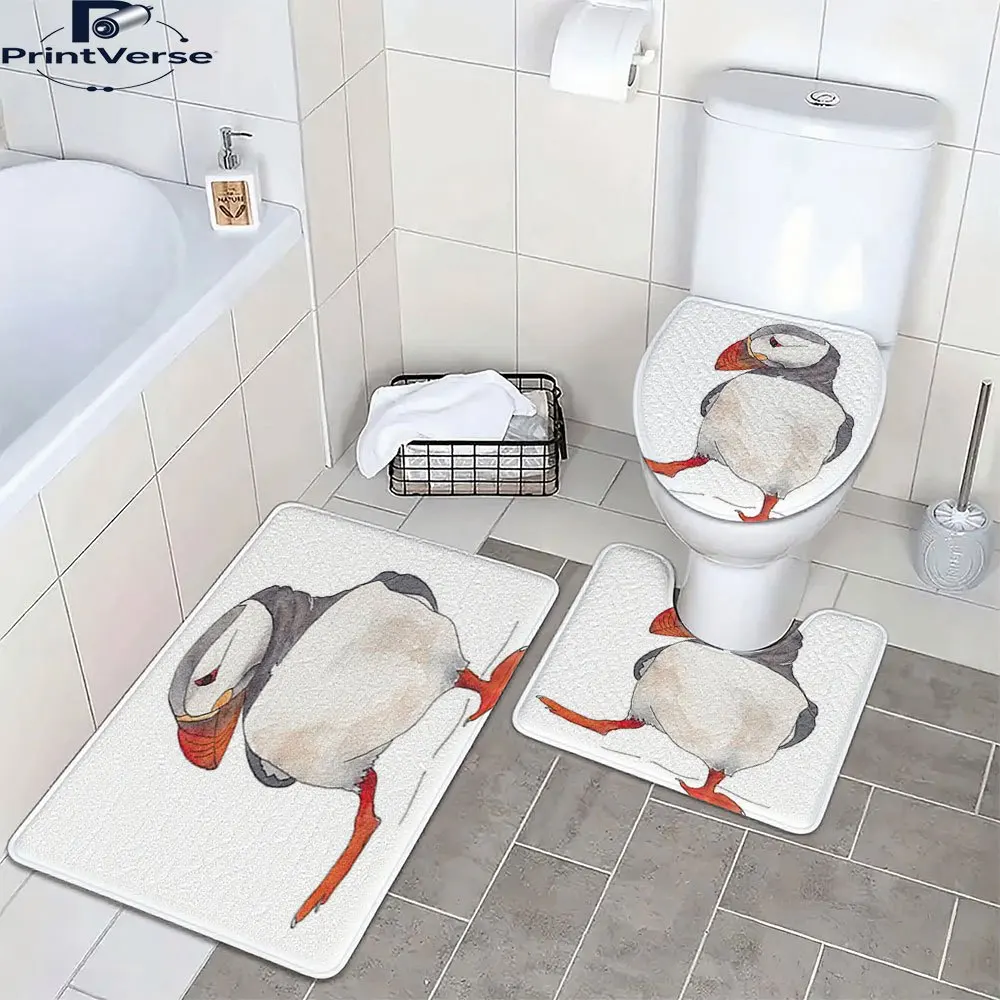 

Ванна Puffin Bird — нескользящий мягкий фланелевой дизайн Puffin Watercolor Puffins для ванной комнаты, серо-белый принт ног Puffin, машина