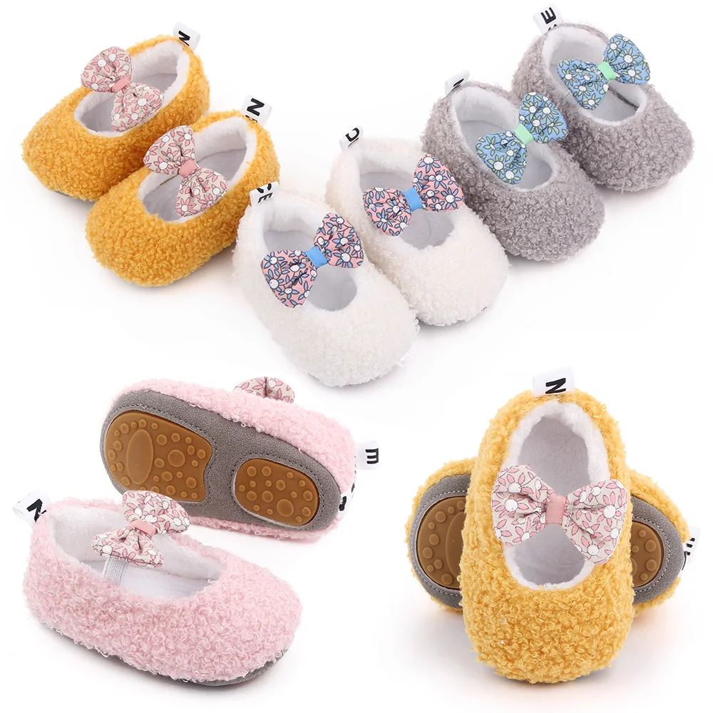 Baby Cute First Walking Shoes Bowknot Baby Girls Likes Winter and Autumn TPR Sole Anti-slip Soft Coral Velvet Cotton Baby D2592