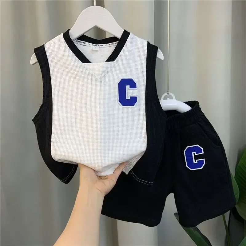 2023 New Summer Korean Cool Boys Clothing Set Vest & Pullover Children\'s Set for Boys Baby Clothes Children Breathable Waffle