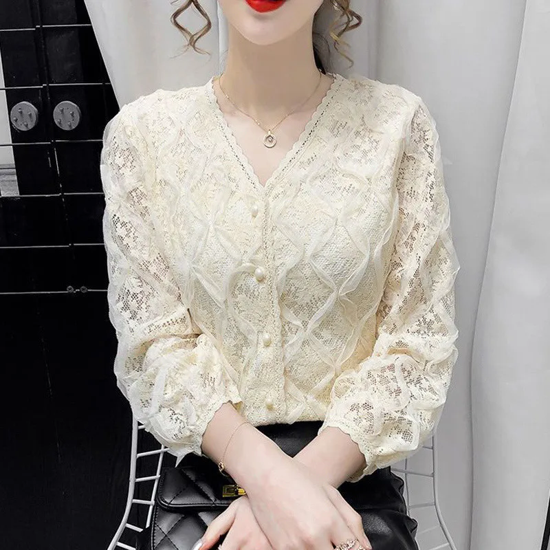 Vintage Elegant Chic Lace Korean Fashion Slim Sweet Tops Blouses for Women Casual V Neck Long Sleeve Solid Shirts Female Clothes