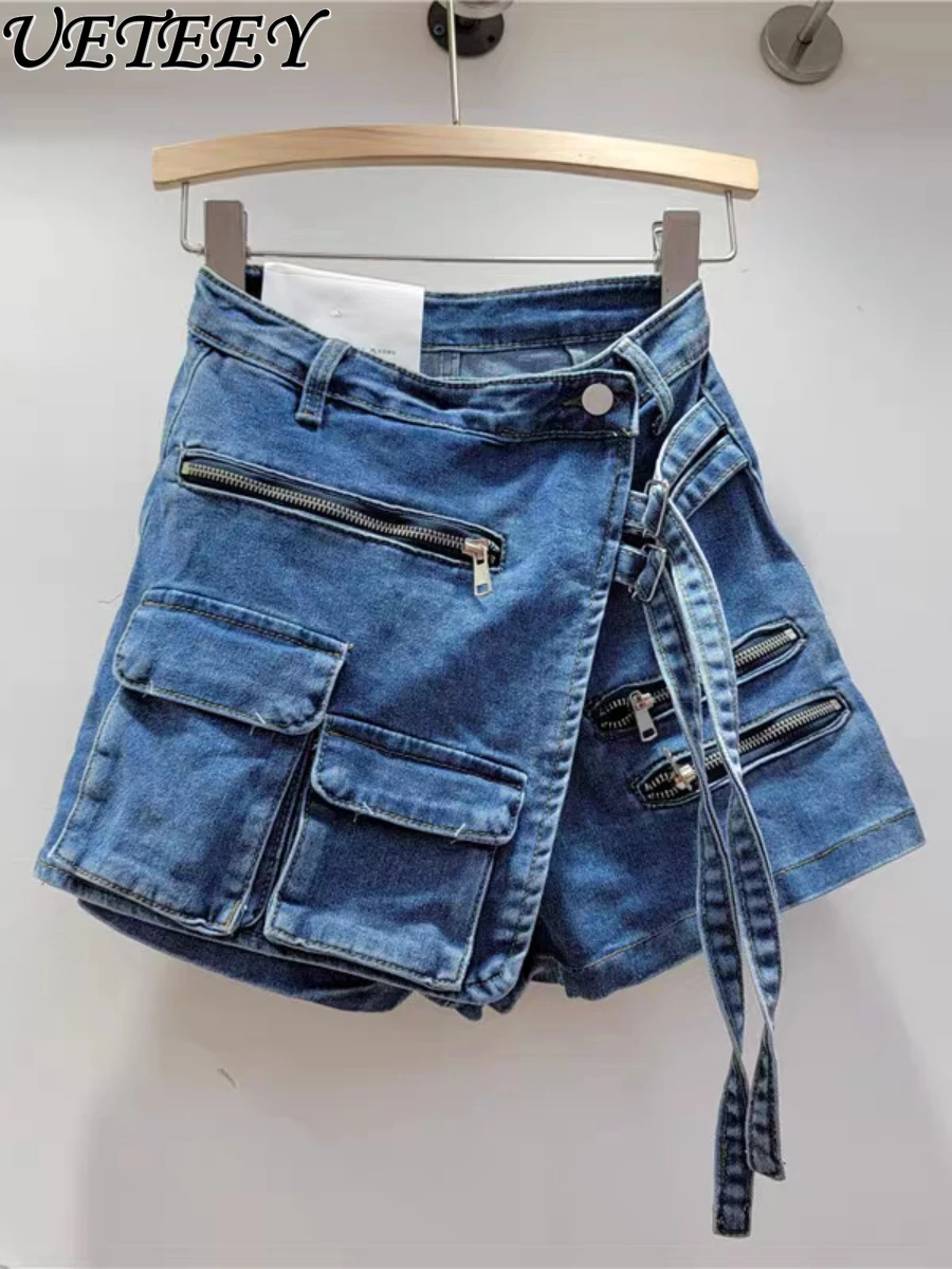 

Korean Irregular Multi-Pocket Cargo Shorts Women Loose Wide-Leg A- Line Shorts Spring Summer Lace-up Denim Short Pants Culotte