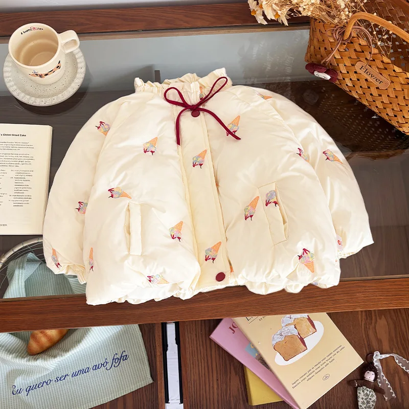 

Toddler Girls Down Coat Ice-cream Print 90% White Duck Kids Girls Down Jacket Winter Stand Collar Thick Warm Little Girls Parkas