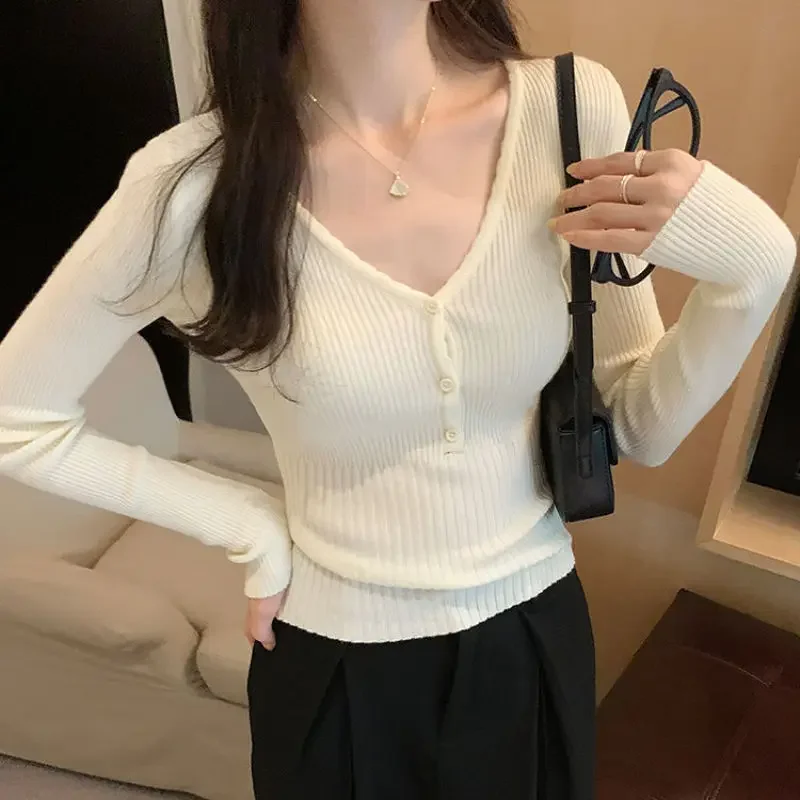 Autumn Winter V-Neck Screw Thread Solid Color Button Sweater Knitted Women's Clothing Long Sleeve Office Lady Sweet Tops B291