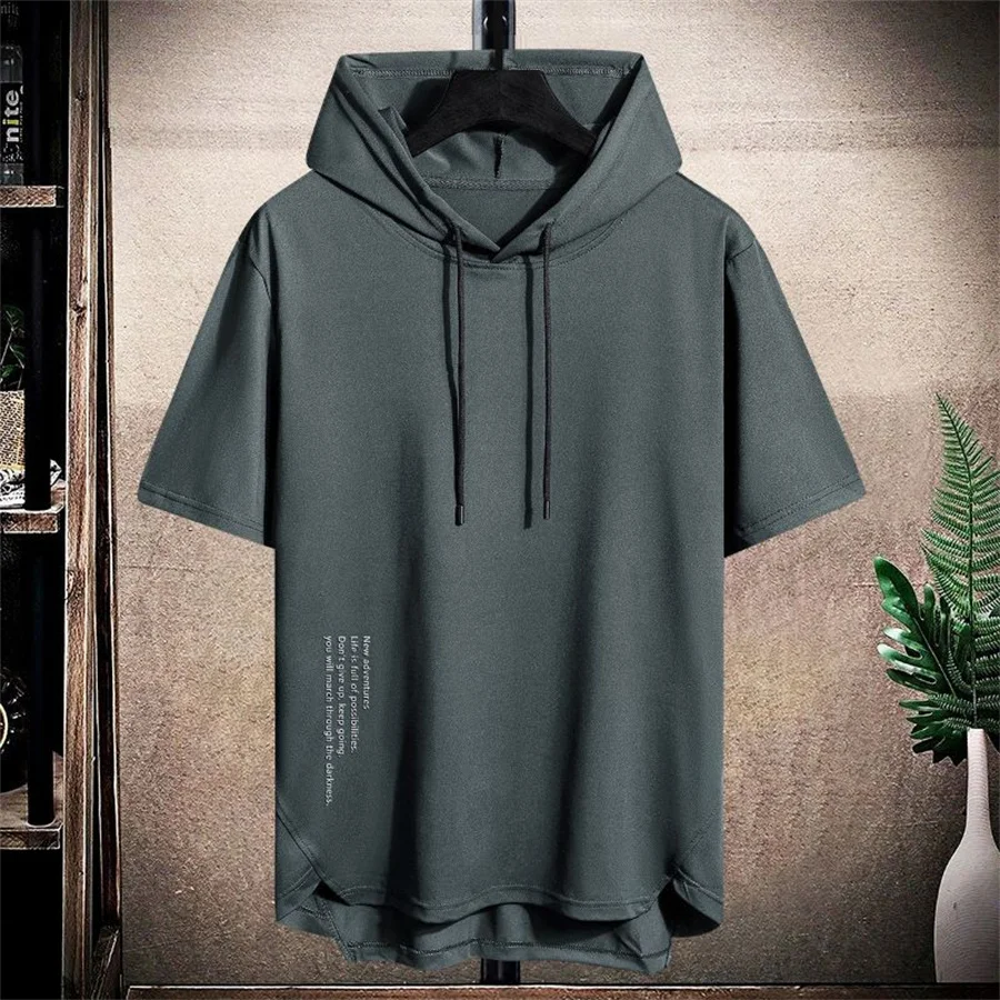 2026 Men's Summer Hooded T-shirt Short Sleeve Solid Color Loose Hoodies Drawstring Pullover Tops Basic Tees for Daily Wear Male