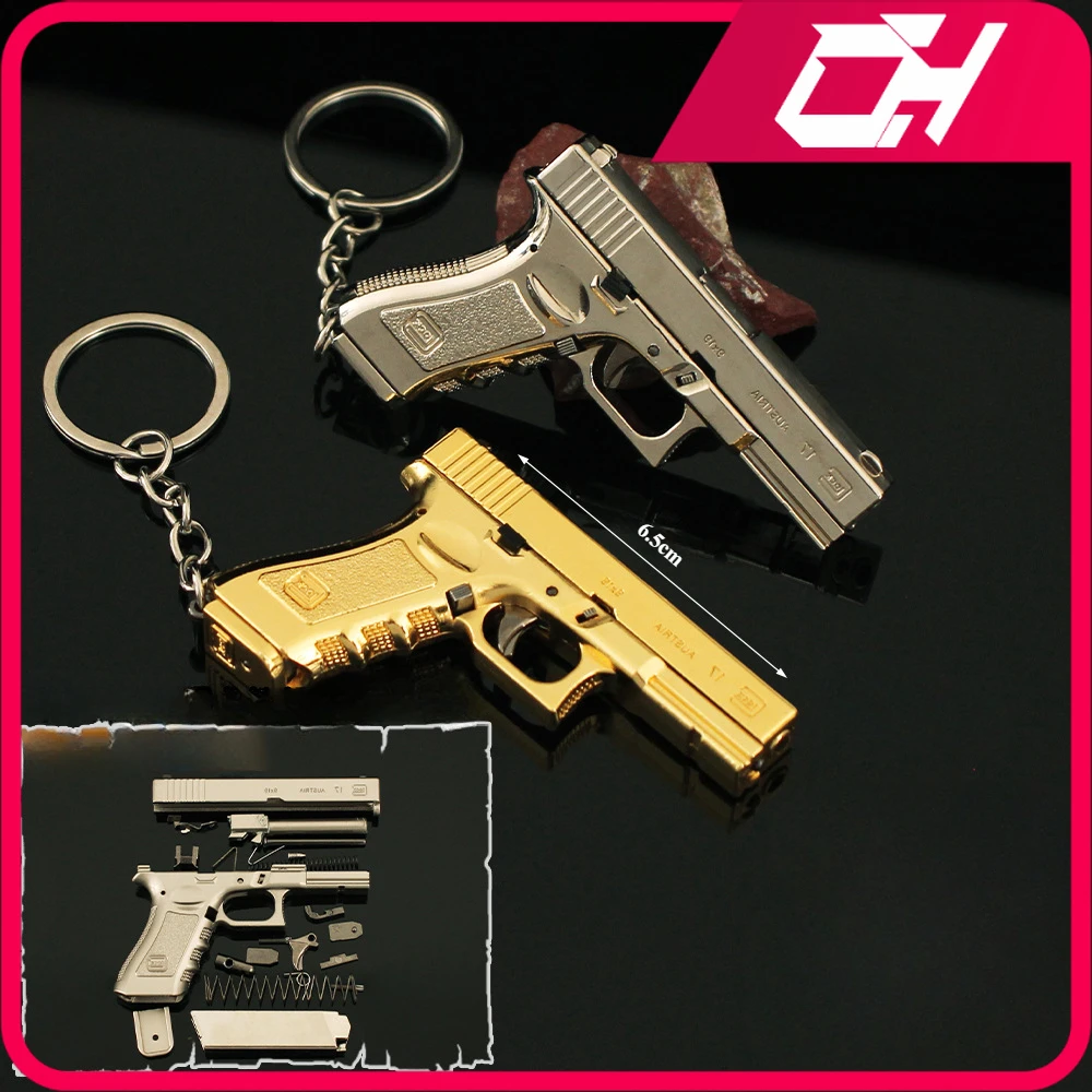 6.5 cm Glock G17 Pistool Wapen Model Sleutelhanger Metalen Spel Hanger Ornamenten Model Kerstcadeaus Kinderspeelgoed Cadeaus voor jongens