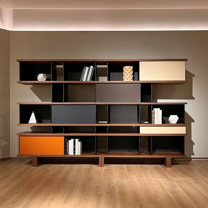 Italian minimalist saddle leather bookcase, light luxury wall shelf, household black walnut display cabinet