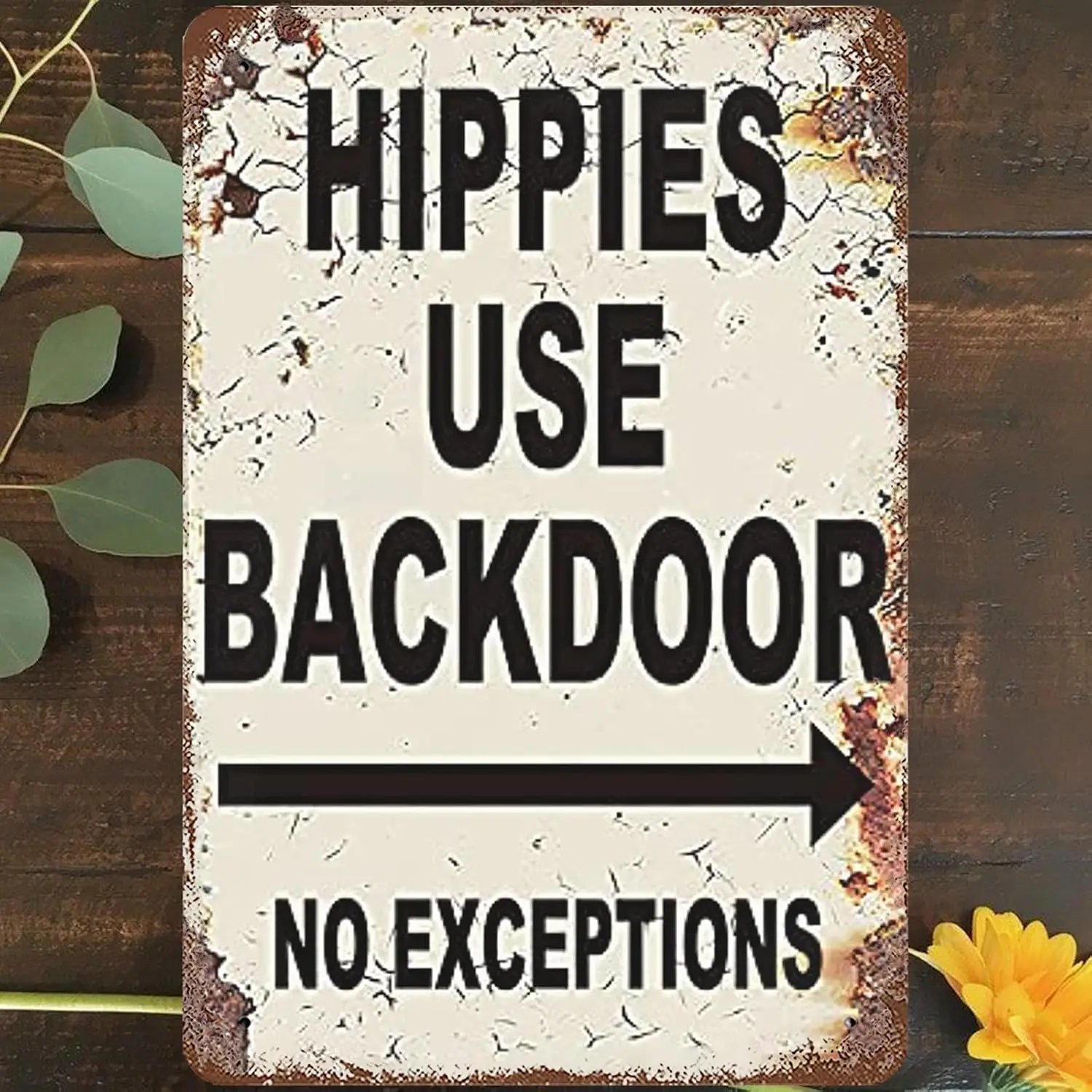 1pcs,Vintage Metal Tin Sign;, Hippies Use Back Door Wall Art Decor, No Exceptions Poster for Home Living Room Bedroom Garden Gar