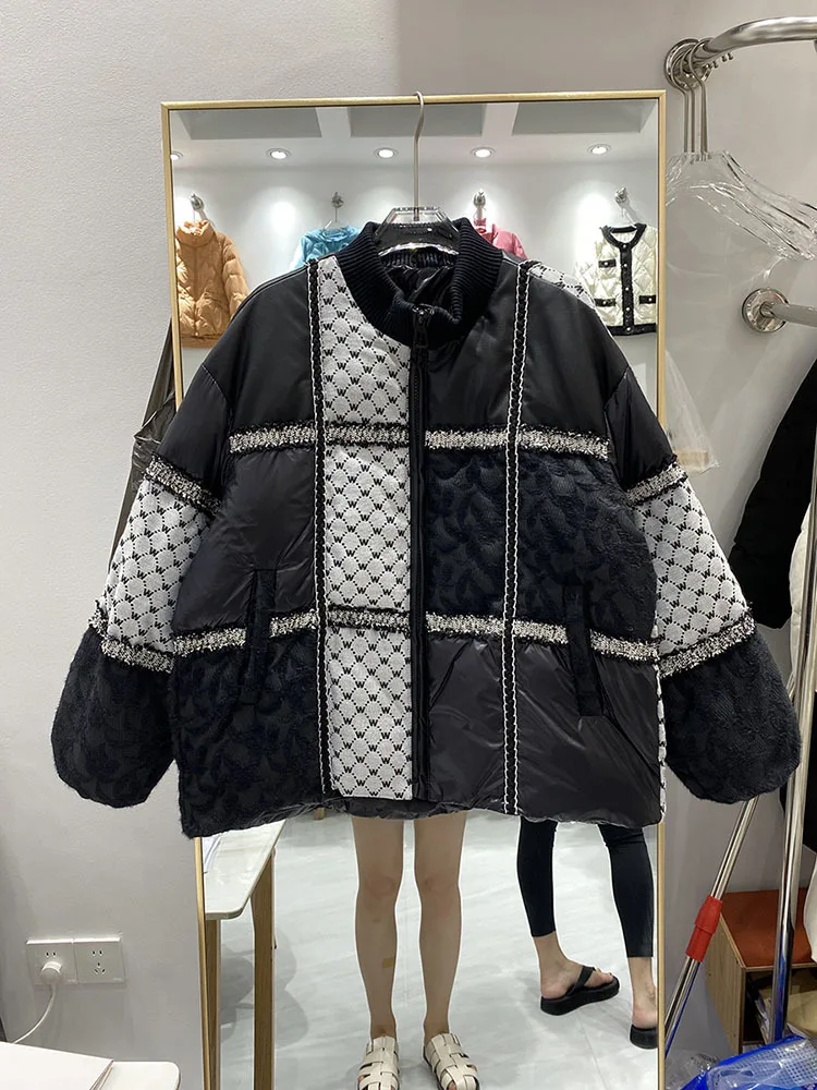 New Winter Puffer Jacket Women High Neck Patchwork Warm Stitching White Duck Down Thermal Bread Coats 2023