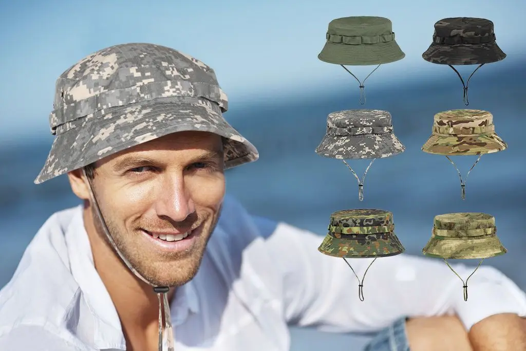 Herren Panama Hut Fischerhut Taktischer Sonnenschutz Tarnfarben Outdoor Reise Klettern Angeln Kappe Training Strand Herren Wanderhut – Detail 1