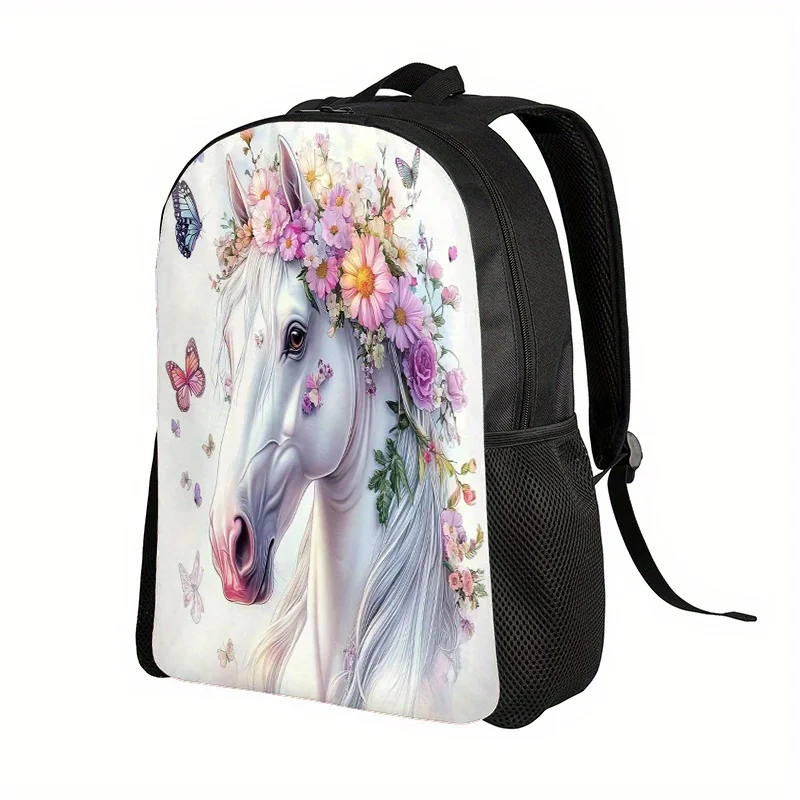 

1 2-D printed backpack with a white horse wearing a flower crown. This lightweight day pack is versatile with adjustable