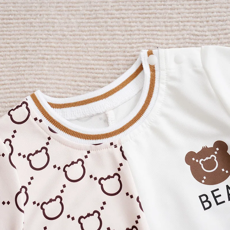 NewbornBabyBoyGirl Toddler Clothing Jumpsuit Casual Cute Cartoon Teddy Bear Summer Apricot ColorContrasting ShortSleevedJumpsuit