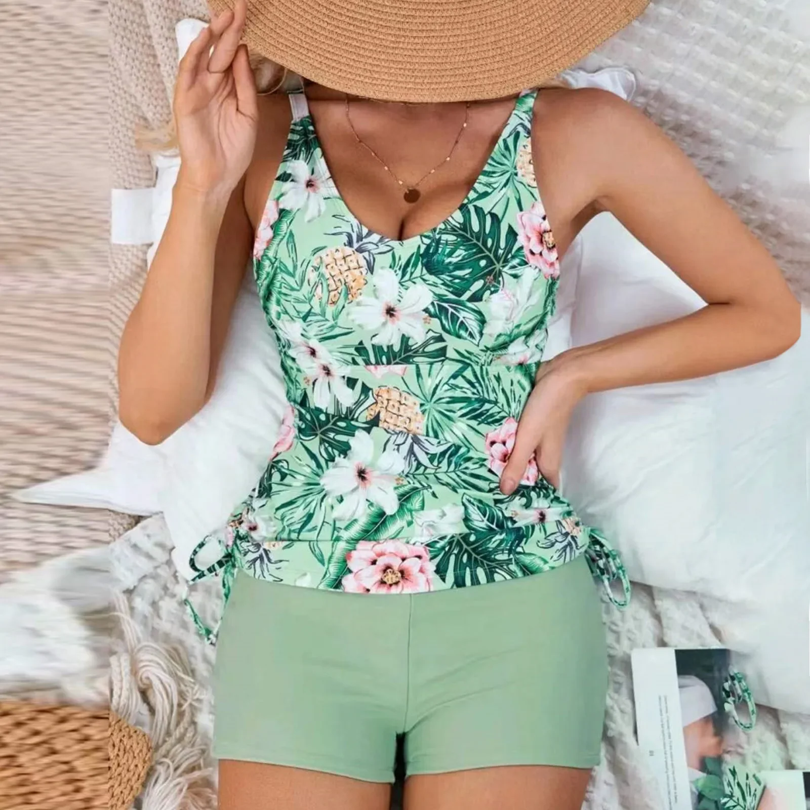 

Женский купальник из двух предметов с принтом, майка на шнурке с круглым вырезом, эластичный облегающий раздельный купальник, богемный морской бикини