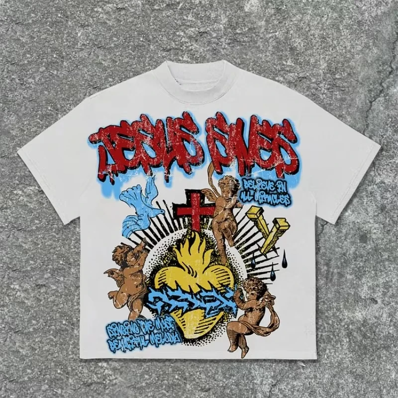 Vintage Jesus Saves Angel Graphic Print Cotton T-Shirt Men Y2K Summer Short Sleeves Casual Oversize Tshirt Streetwear Women Tops