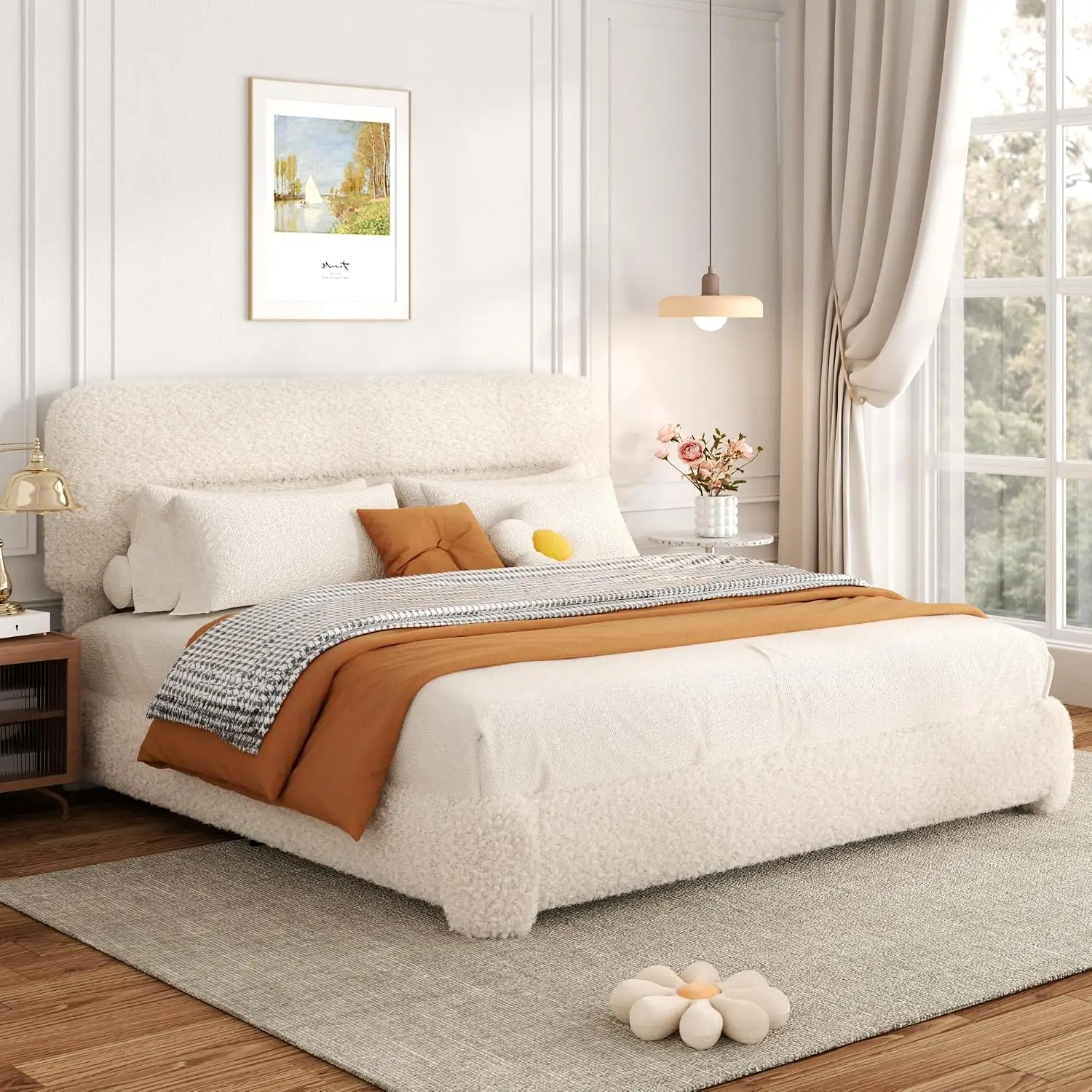 Boucle Platform Bed With Adjustable Headboard, Rounded Corners, Wood Slat Support, No Box Spring, Noise-Free, Beige, Customized