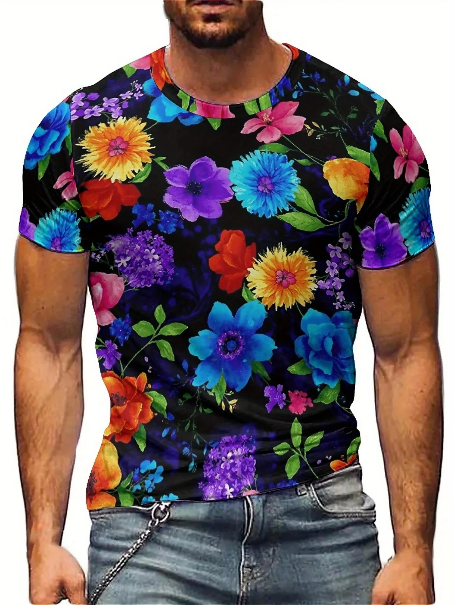 

Men's Vibrant Floral Print Short Sleeve T-Shirt Soft Stretchy Polyester Fabric for Casual Wear Vacations and Sports