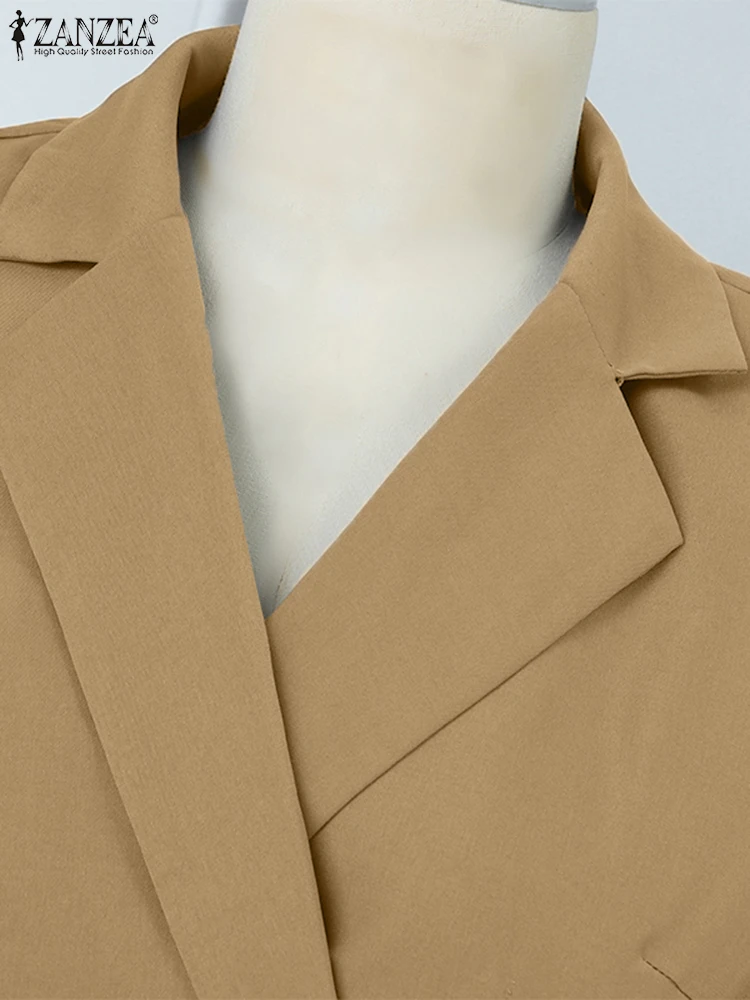 ZANZEA Elegancka Sukienka Garniturowa 2025 Damska Biurowa Vestidos Jesień Wakacje Pasek w Talii Jednolita Moda Długi Rękaw Midi Szata