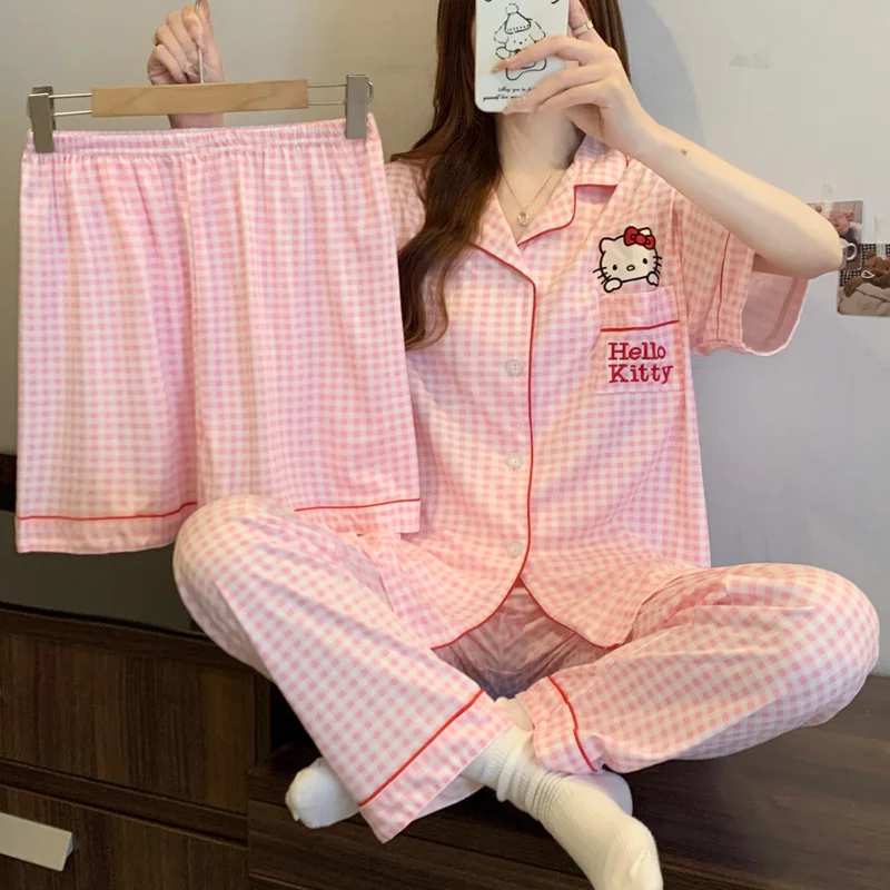 

HelloKitty Women Pajama Set Short Sleeve 3Pcs Spring Summer Home Clothes Loose Comfortable