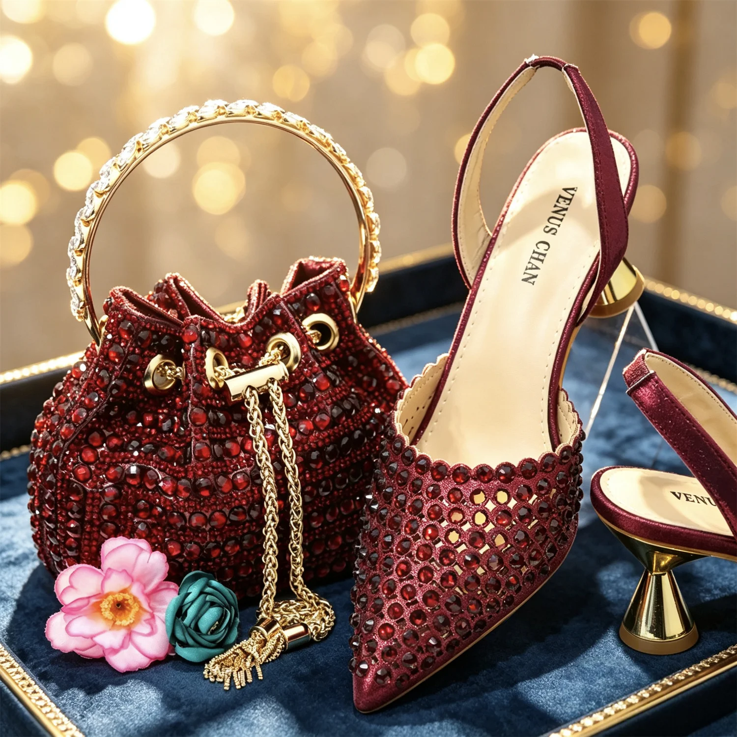Venus Chan 2026 Elegante Damen-Pumps mit spitzer Zehenpartie – Weinrote, vollständig mit Diamanten besetzte High Heels mit passendem italienischem Schuh- und Taschenset