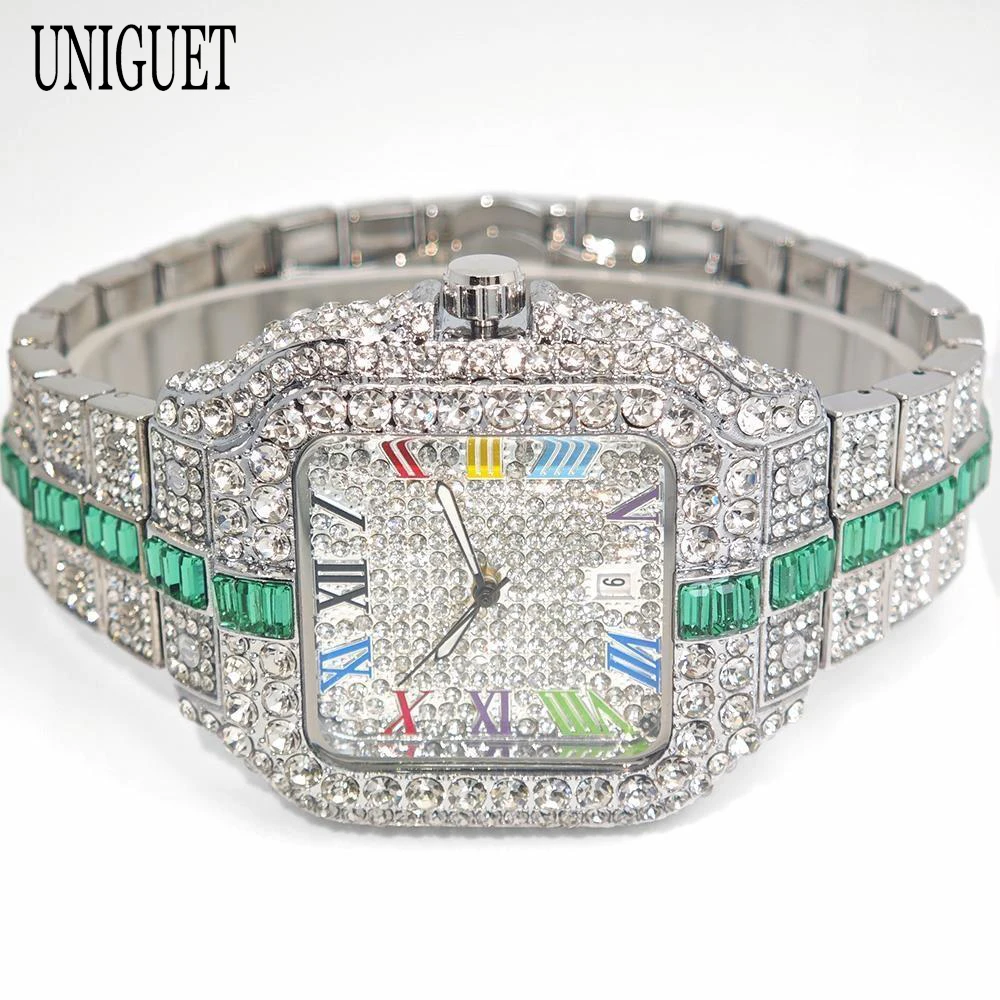 

Роскошные мужские часы Iced Out, модные цветные римские литературные квадратные часы, мужские наручные часы в стиле хип-хоп, прямоугольные ювелирные изделия с бриллиантами, 2025