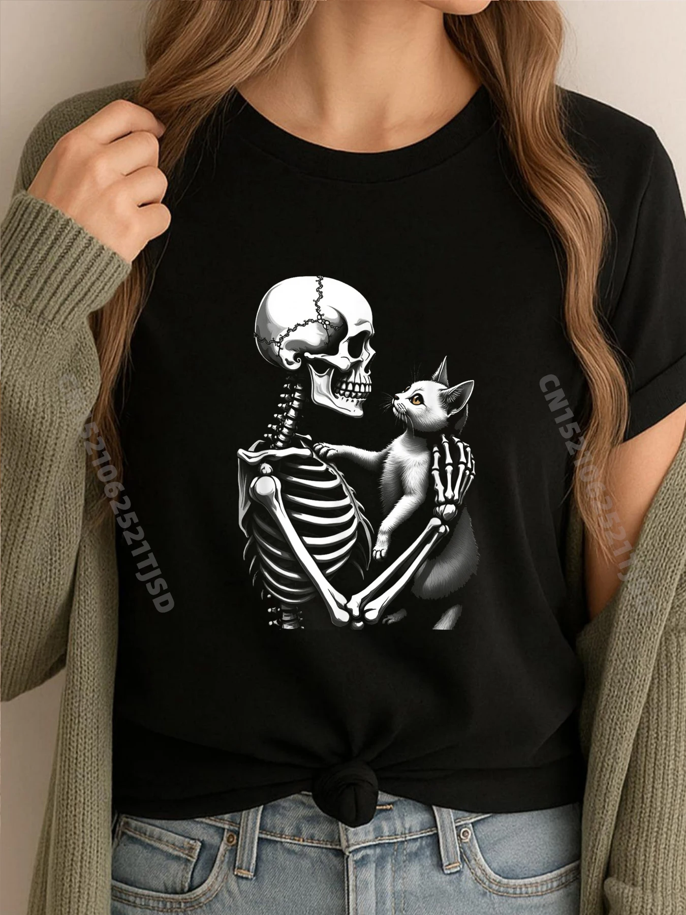 

Skull Kitty Cute Halloween Woman Cat Skeleton Black Shirt Graphic Tees Men's Clothing Printing