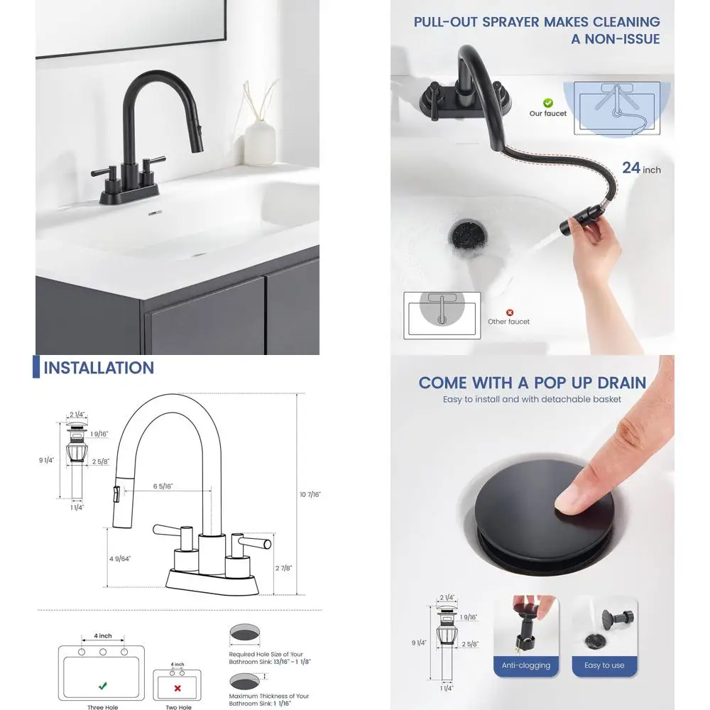 

Matte Black 3-Hole 4-Inch Bathroom Faucet with Pull-Out Sprayer and Swivel Spout, Up-Drain Included