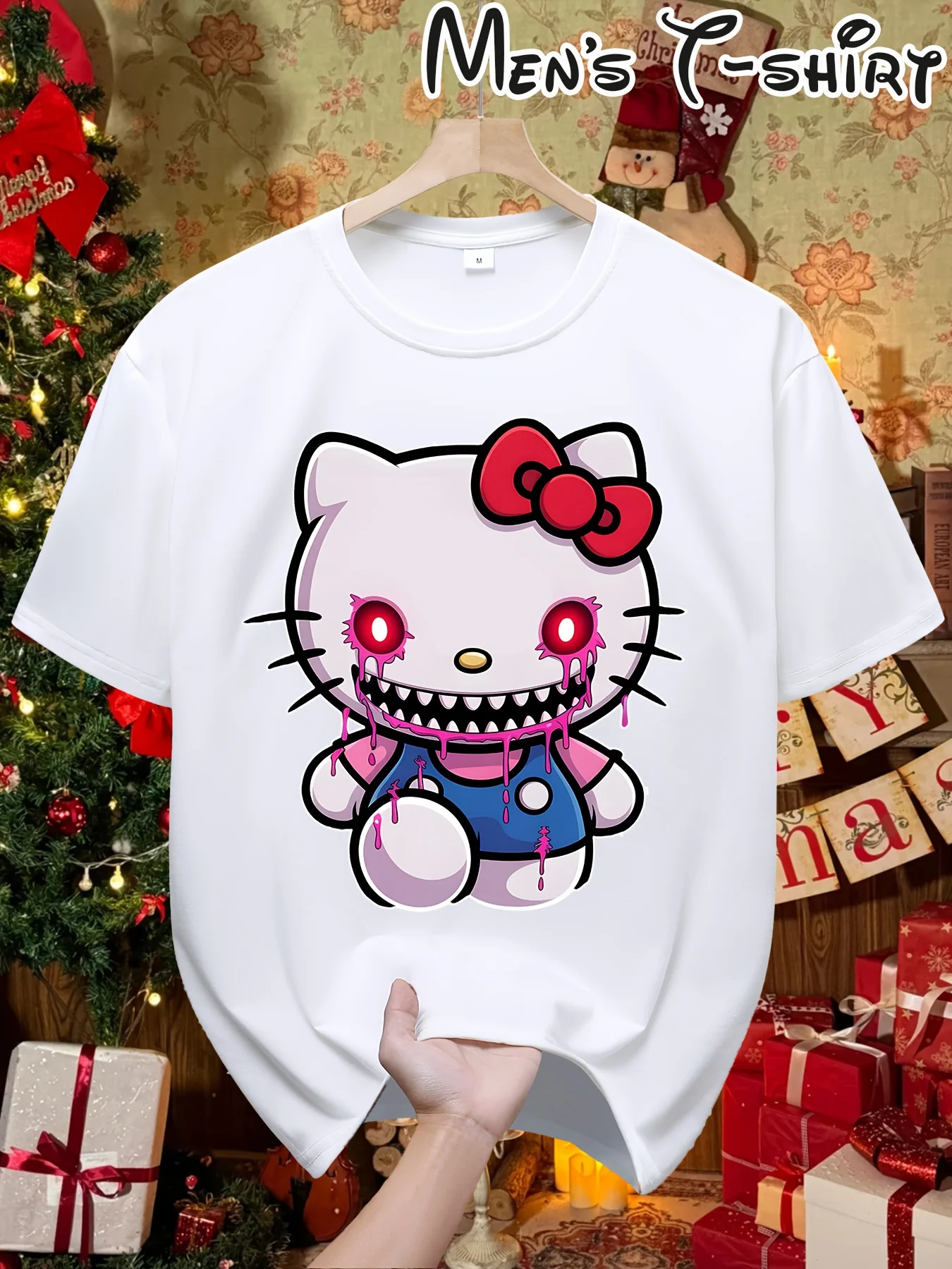 

Hello Kitty Horror Gothic Pink Bow and Blood Eye T-shirt - Short sleeved couple cartoon fashion print personality