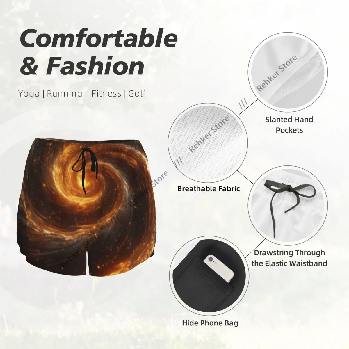 추상 소용돌이 여성용 더블 레이어 속건성 운동 반바지 야외 레저 러닝 피트니스 운동 스포츠