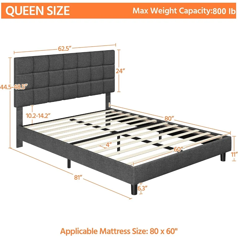 Bed Frame with Square Tufted Fabric Headboard Height Adjustable, Wooden Slats Support, No Box Spring Needed, Dark Grey, Queen